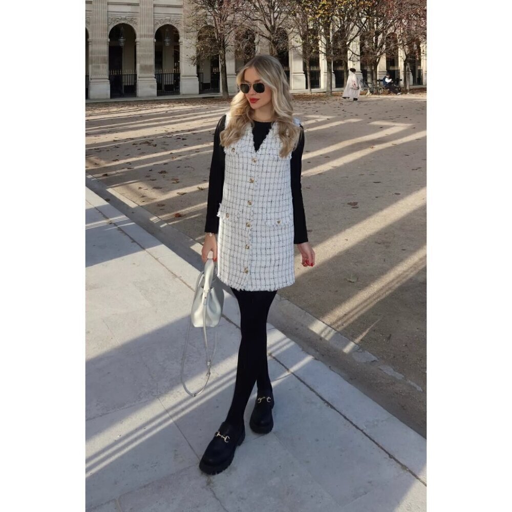 ANINE BING Janet Tweed Dress in White Plaid Size Medium NWT - Picture 2 of 15